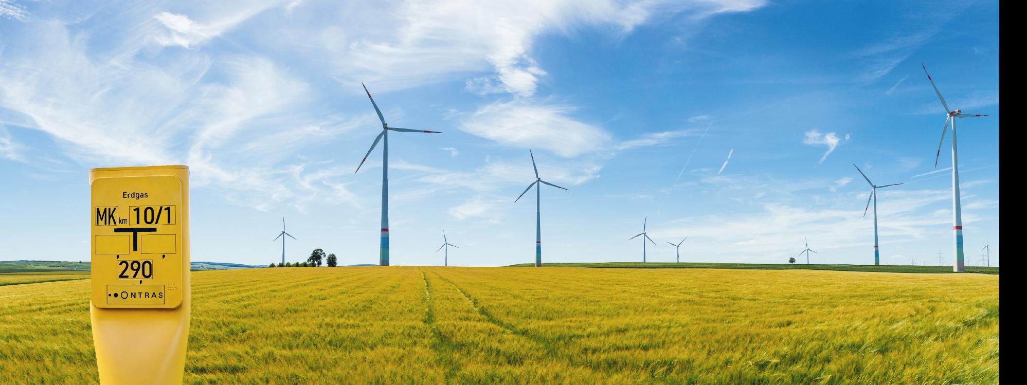 Gelbes Schild vor einer Wiese mit Windrädern